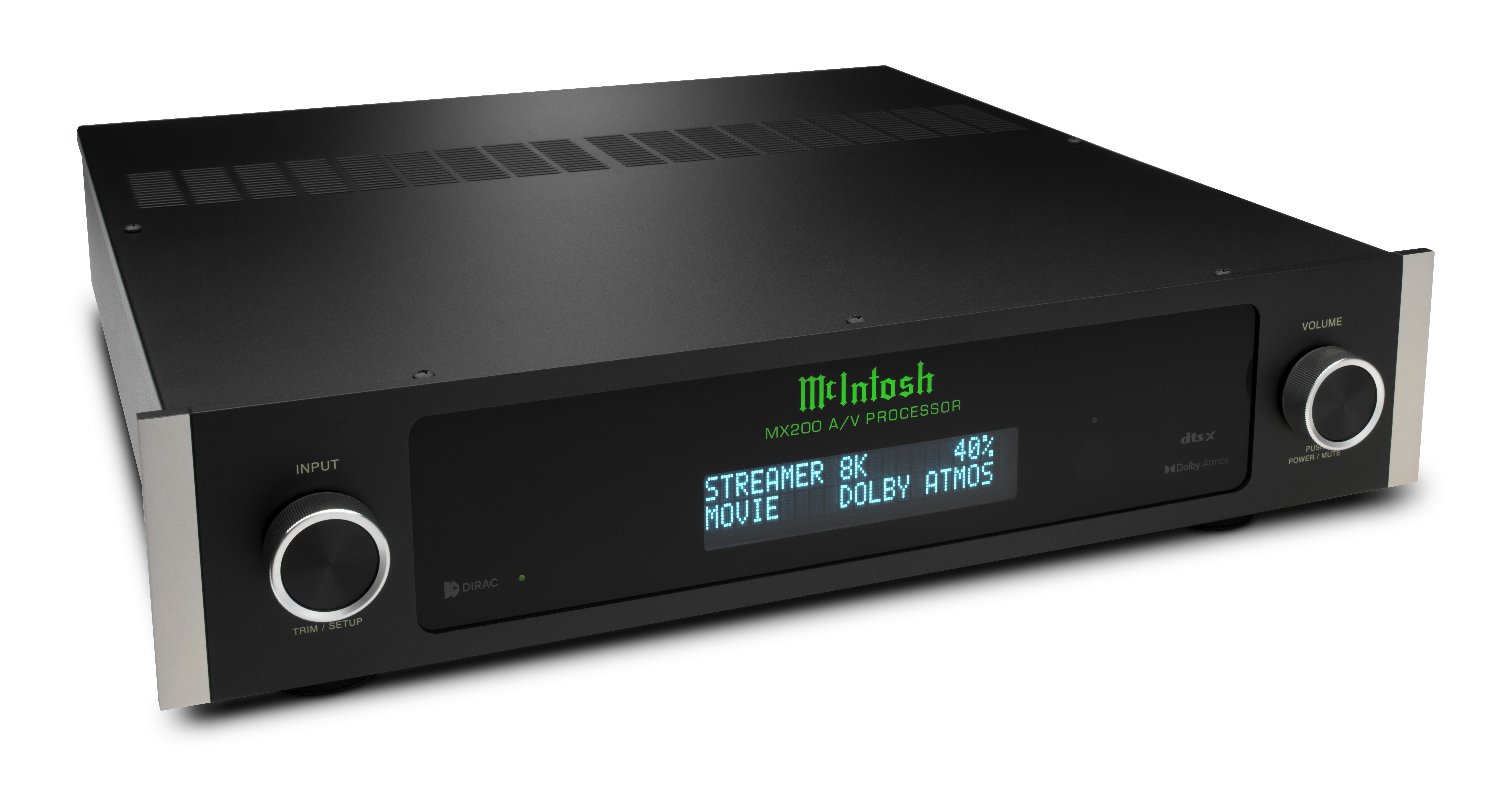 a black electronic device with a digital display. Mcintosh MX200; ampli Mcintosh